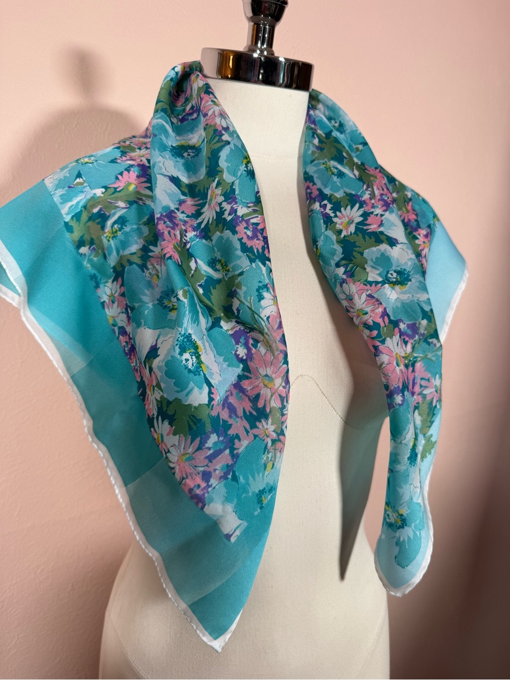 Vintage 1950's Cottagecore floral blue pink retro square scarf
